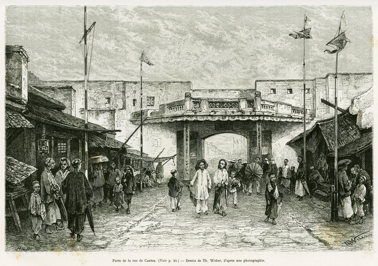 Canton Street Gate in Hanoi. Engraving of Th. Weber, from a photograph, to illustrate the story Trente mois au Tonkin in 1884, by Doctor Hocquard, in the tour du monde 1889, under the direction of Edouard Charton (1807-1890), Hachette, Paris. 作者 西奥多·韦伯