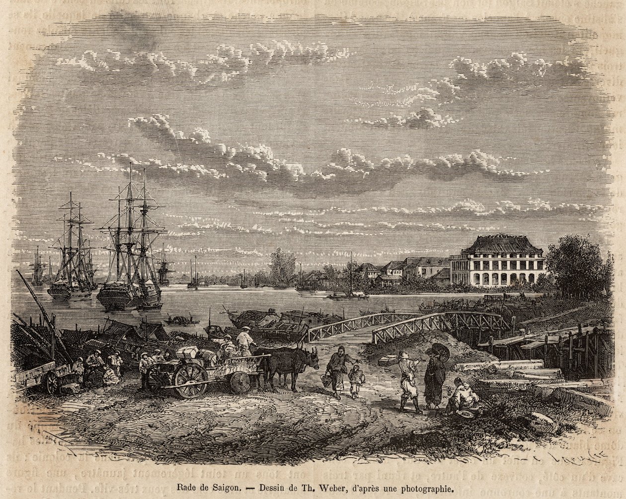 La rade de Saigon，根据T.Weber的画作雕刻的，说明莫里斯医生1872年到科钦岛的航行，发表在《Le tour du monde》1875年，由Edouard Charton编辑，Hachette版，巴黎。塞尔瓦收藏。 作者 西奥多·韦伯