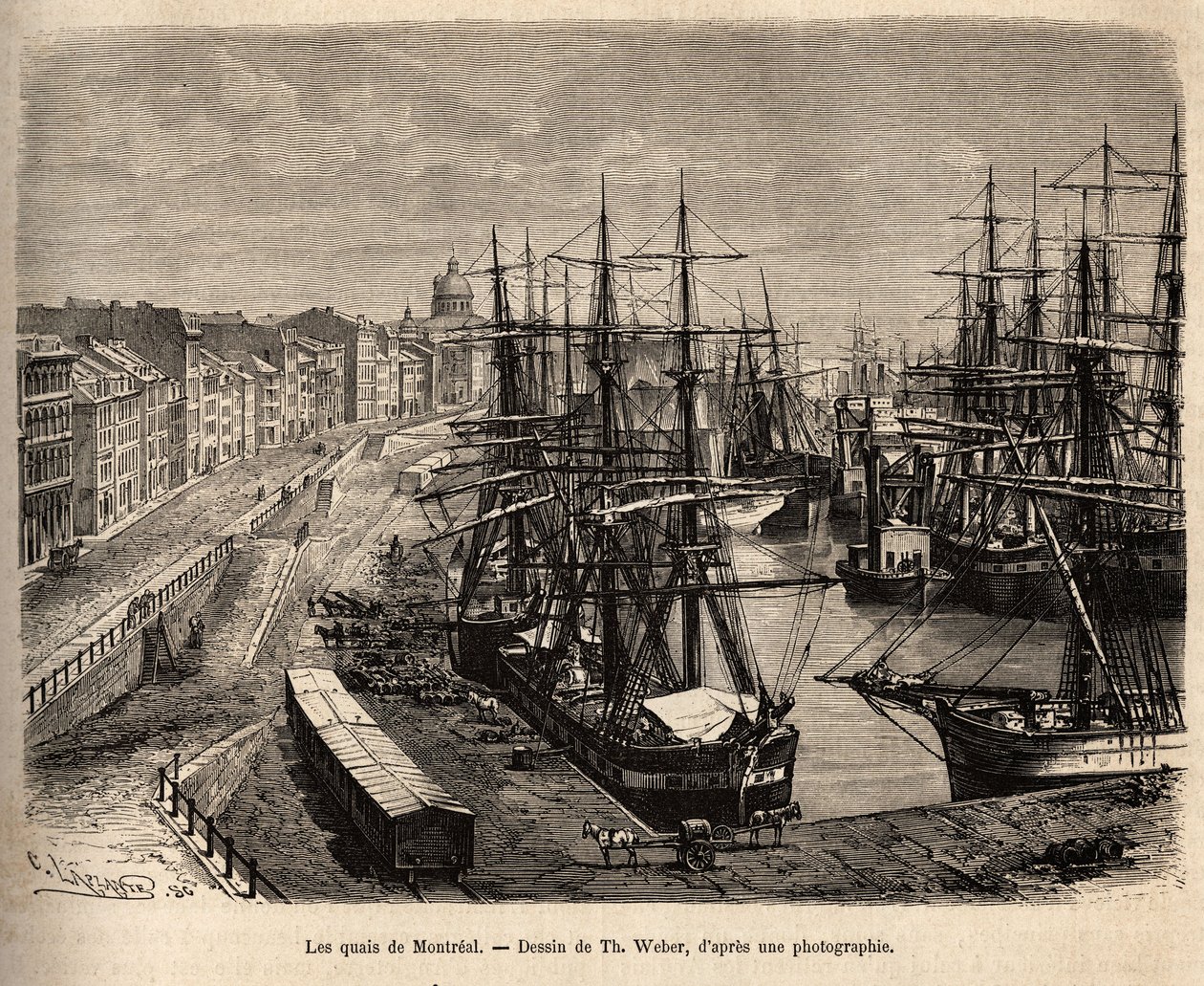 Les quais de Montreal，根据Th.韦伯的作品，描绘了H. De Lamotte在1873年对加拿大和北部红河的游览，发表在《世界之旅》1875年，由Edouard Charton编辑，Hachette版，巴黎。硒 作者 西奥多·韦伯