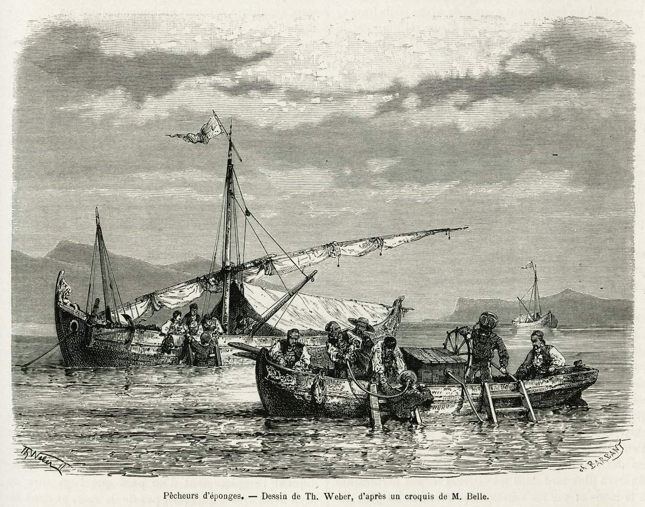纳夫普里奥海湾的海绵渔民，Th.韦伯，为1861年、1868年和1874年希腊之行的故事作插图，由亨利-贝尔绘制。雕刻在《世界之旅》中 作者 西奥多·韦伯