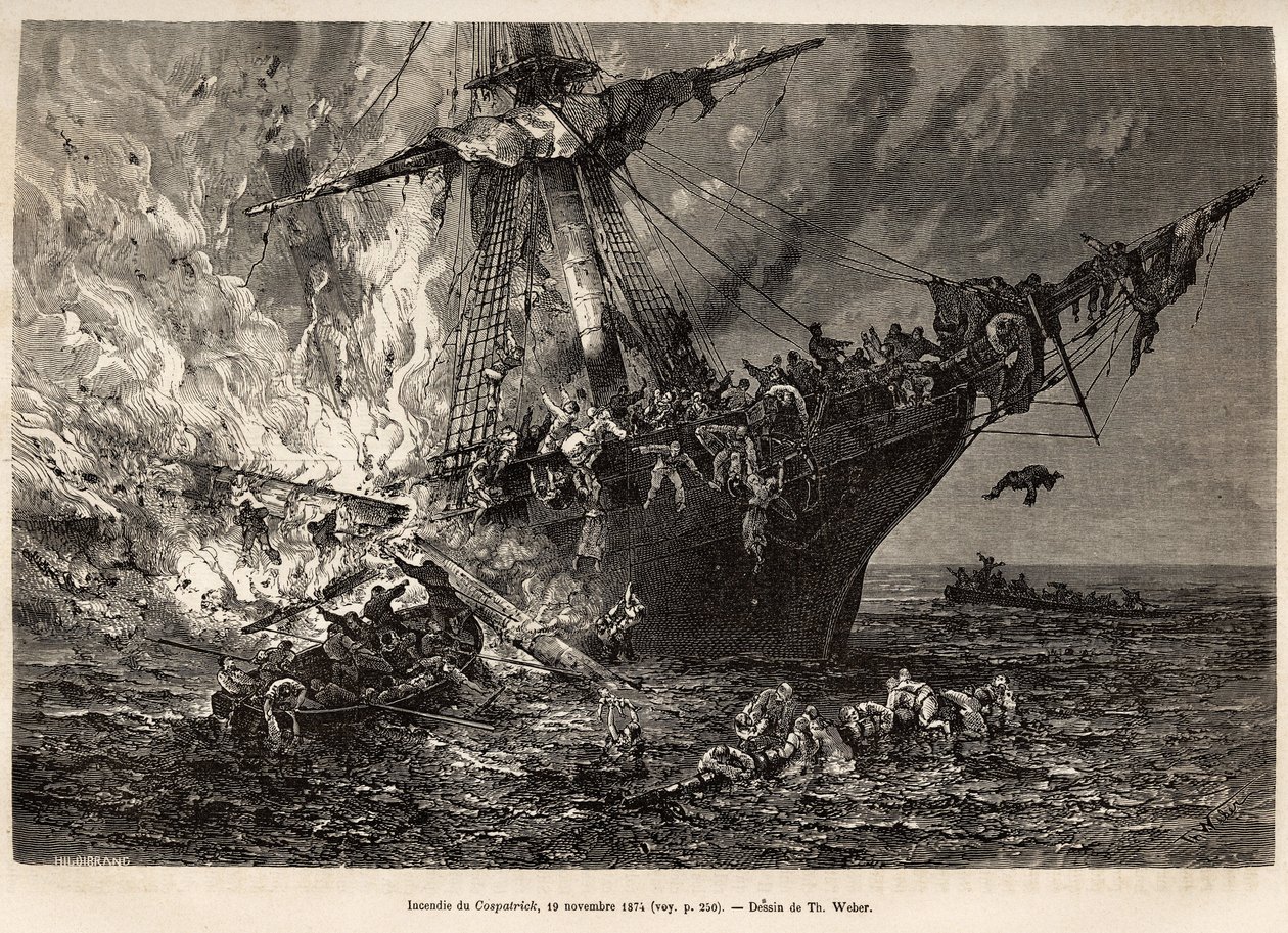 The fire of the Cospatrick, a British ship carrying more than 400 emigrants to New Zealand, on 19 November 1874, engraved after a drawing by T. Weber, illustrating the study of storms and voyages, by Mr. Zurcher and Mr. Margolle, in 1870-1874, published in 作者 西奥多·韦伯