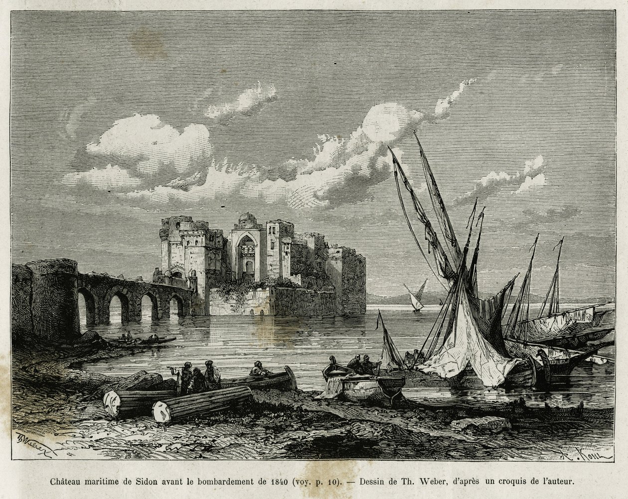 The maritime castle of Sidon before the bombardment of 1840. Engraving of Th. Weber, to illustrate the story La Syria d