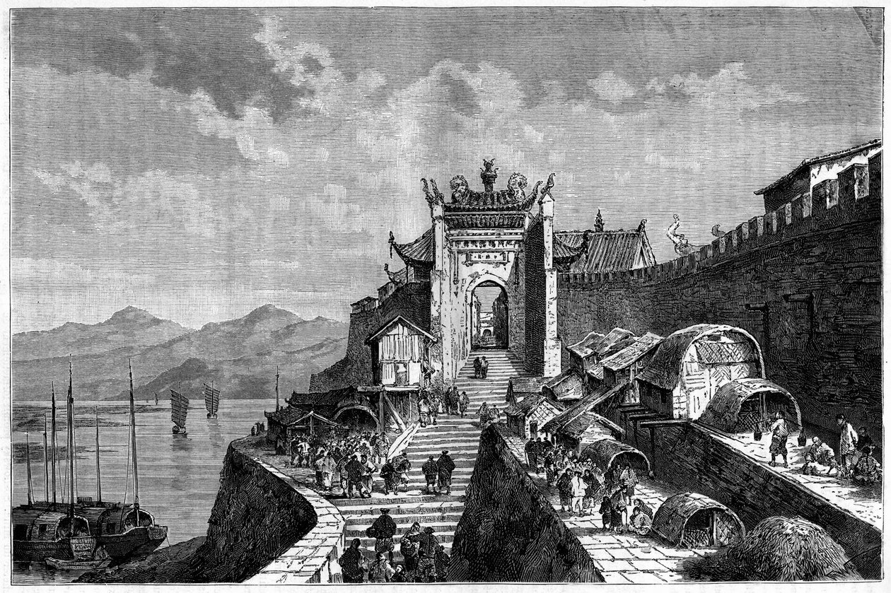 View of the Shanghai Gate on the Huangpu River, China in the years 1870-1880. Engraving after a drawing by Weber, in “Le Tour du Monde, Nouveau journal des Voyages”, edited by Edouard Charton, Paris 作者 西奥多·韦伯