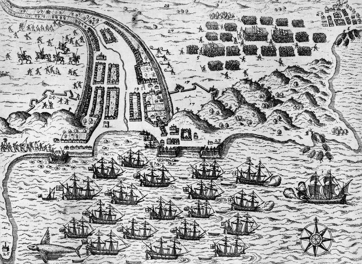 1585年11月27日对圣地亚哥的攻击（雕版画 作者 西奥多·德布瑞