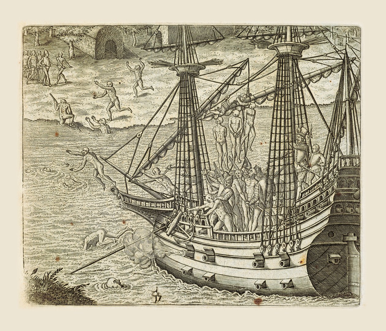 巴托洛梅奥-迪亚斯将一些印第安人挂在船桅上，西奥多-德-布莱（1528-1598）的雕刻，出自Americae pars quarta, sive, Insignis et admiranda historia de reperta primum Occidentali India Christophoro Columbo, by Girolamo Benzoni 作者 西奥多·德布瑞