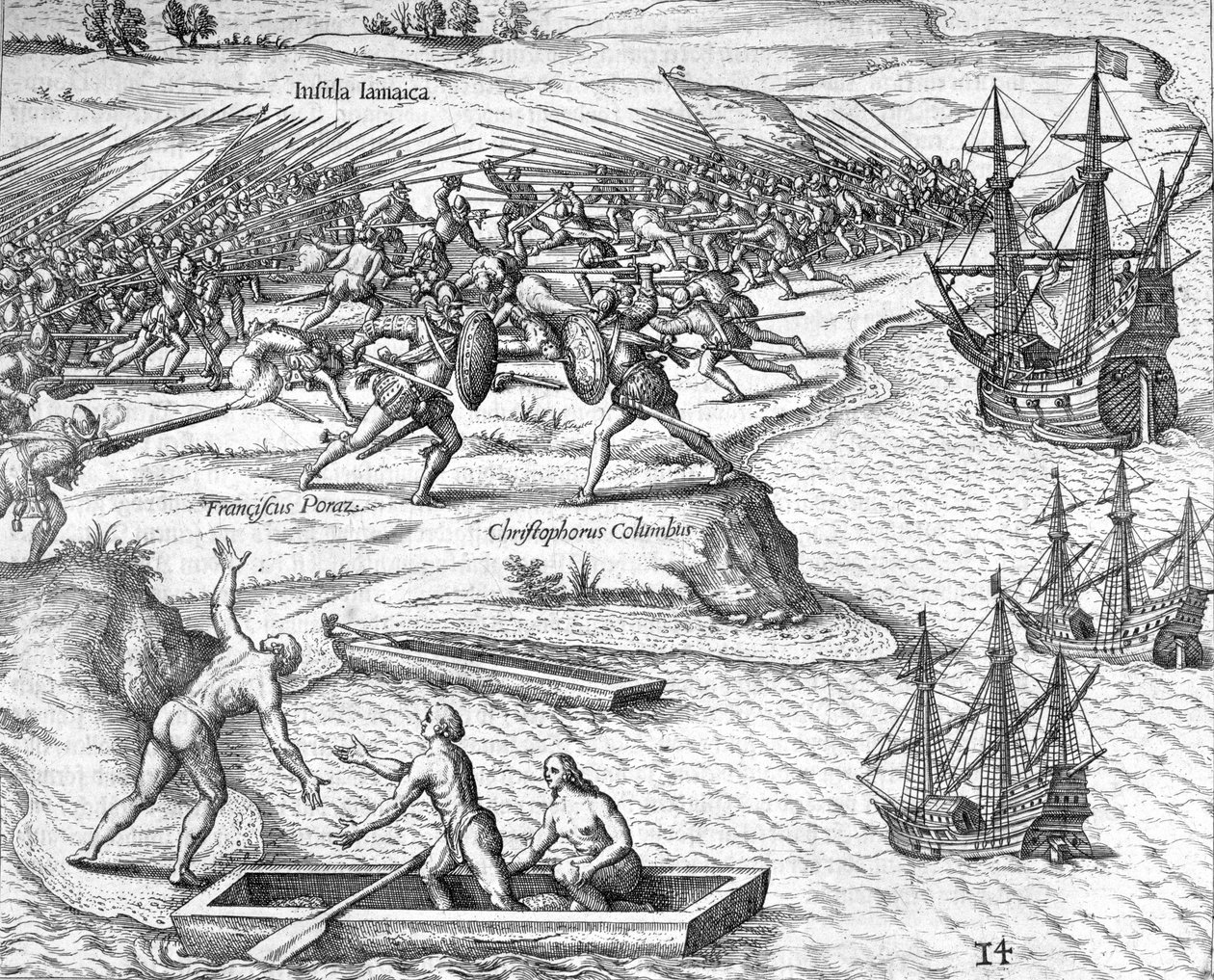 克里斯托弗-哥伦布和弗朗西斯科-波拉兹在牙买加的战斗，1504年 1631年 作者 西奥多·德布瑞