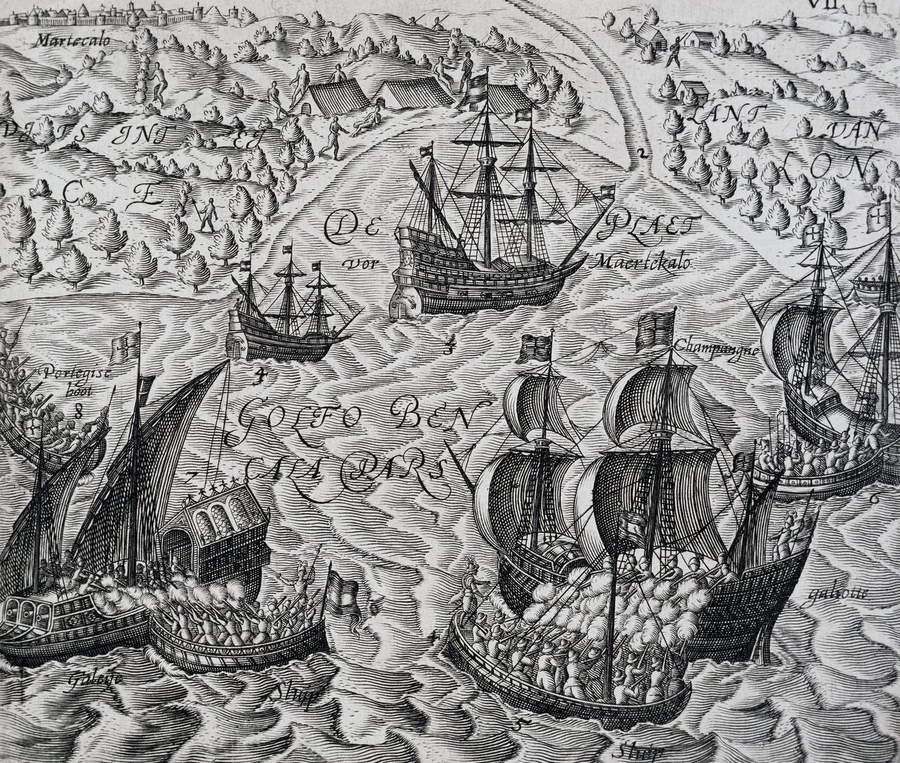 孟加拉湾马蒂克城前的战斗，雕刻自Indiae Orientalis，作者Theodor de Bry（1528-1598）。 作者 西奥多·德布瑞