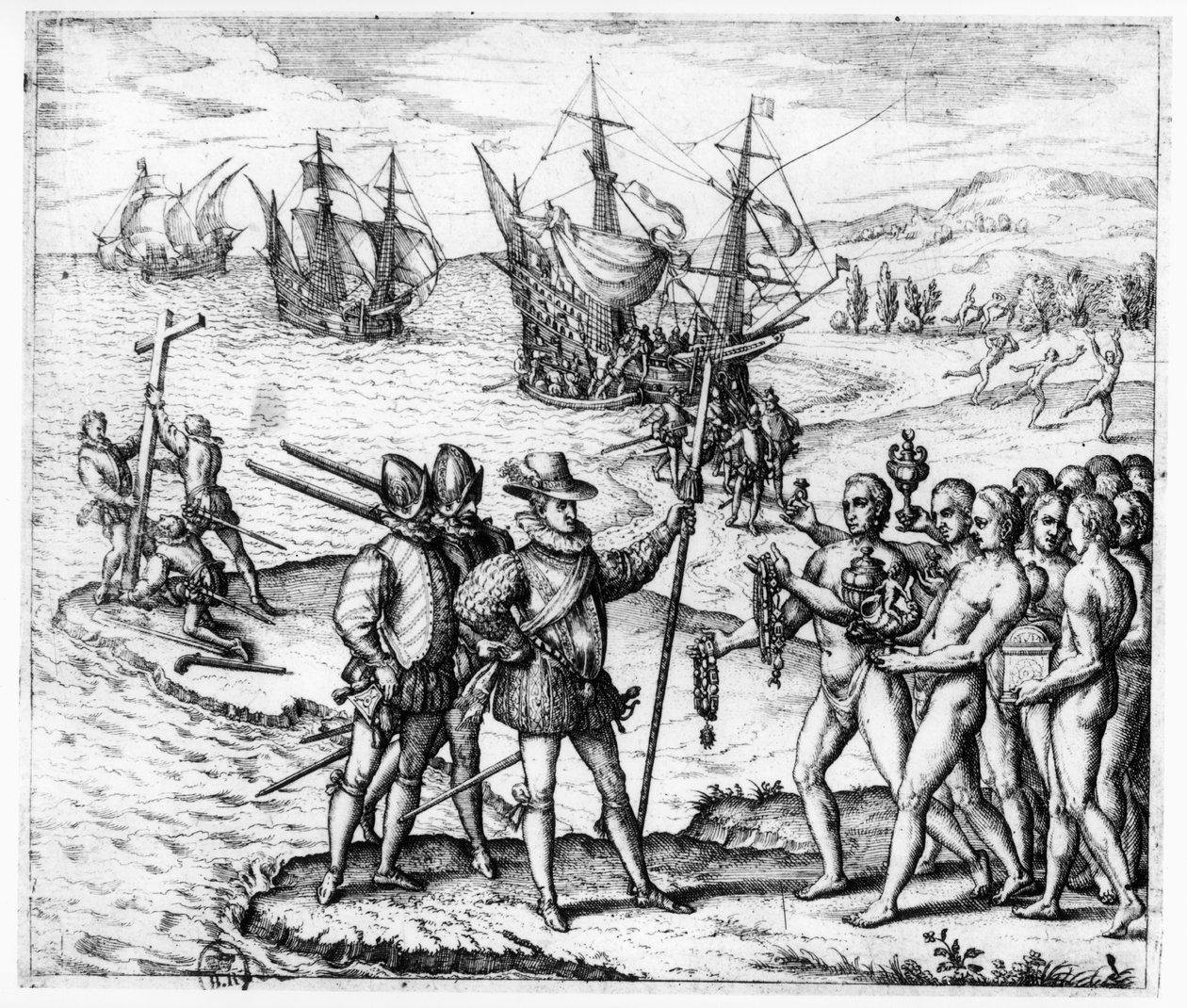 克里斯托弗·哥伦布（Christopher Columbus，1451-1506）从&39;Americae Tertia Pars IV&39;，1594年（见111006）收到来自伊斯帕尼奥拉（海地）的Guacanagari cacique的礼物 作者 西奥多·德布瑞