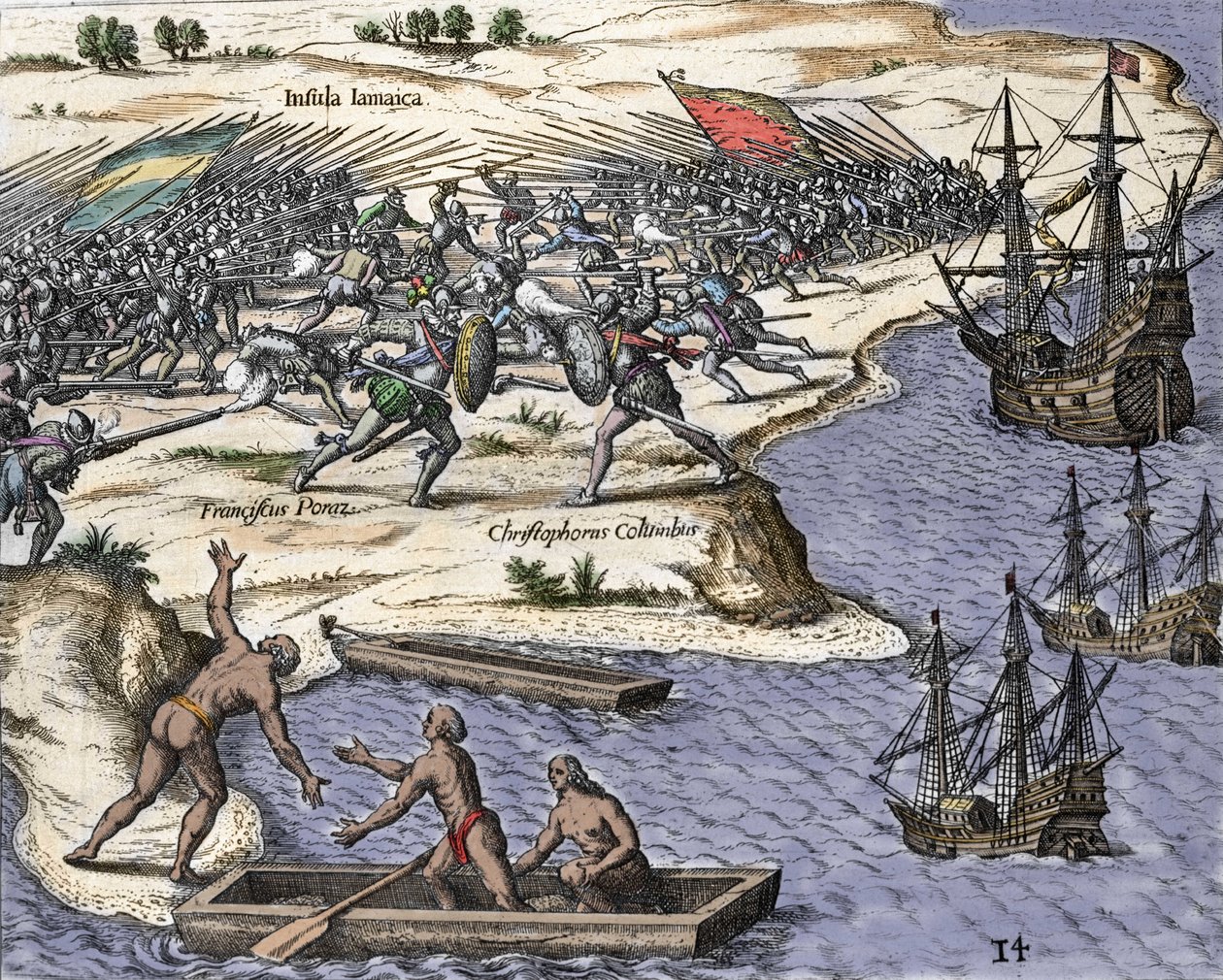 克里斯托弗-哥伦布于1502-1504年第四次前往牙买加：与弗朗西斯科-波拉兹的战斗。雕刻自 "Historia Americae sive Novi Orbis"，作者Theodor de Bry（1527-1598），阿姆斯特丹1594。 作者 西奥多·德布瑞