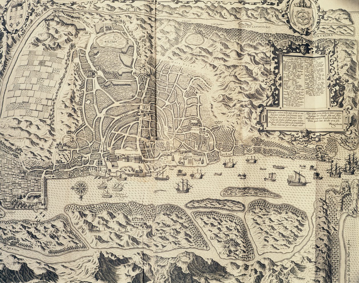 印度的果阿城，西奥多-德-布莱（1528-1598）的版画，出自水手扬-惠根-凡-林斯霍顿前往葡萄牙东印度的航行记录，1579-1592），16世纪。 作者 西奥多·德布瑞