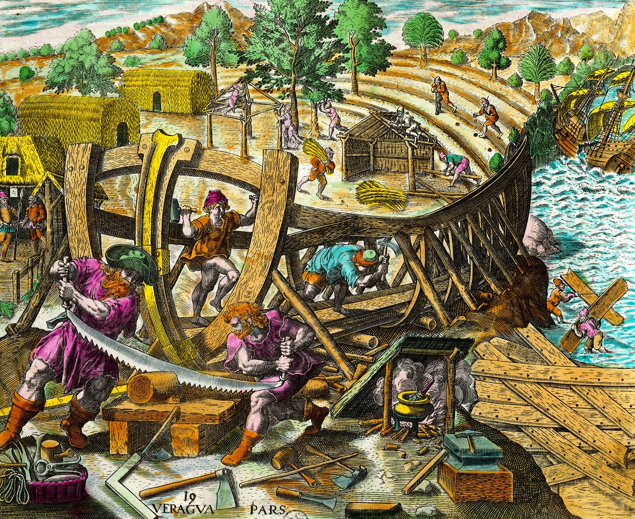 为西班牙航海家Vasco Nunez de Balboa (1475-1517)建造一艘船。 雕刻自Theodore de Bry (1528-1598)的《美洲历史》，16世纪。私人收藏 作者 西奥多·德布瑞