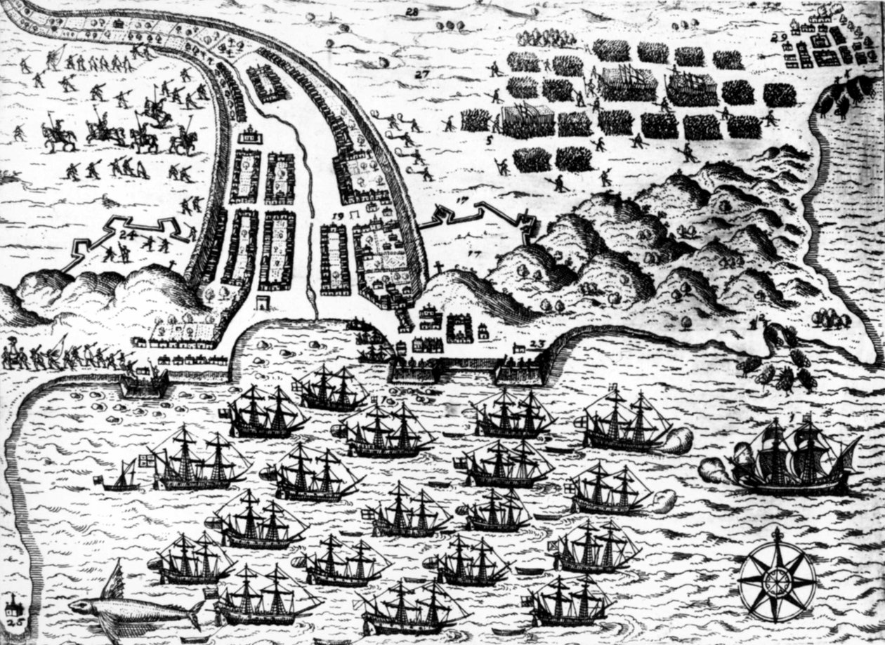 德雷克于1585年在佛得角岛俘获了 "圣贾科莫 "号船，由德-布莱负责。 作者 西奥多·德布瑞