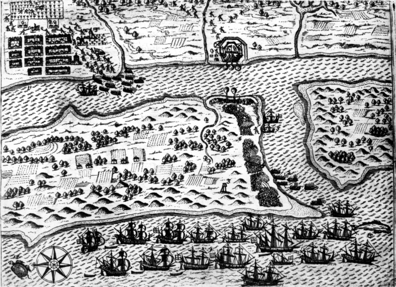 德雷克在1586年捕获了 "圣奥古斯丁 "号船，由德-布莱创作。 作者 西奥多·德布瑞
