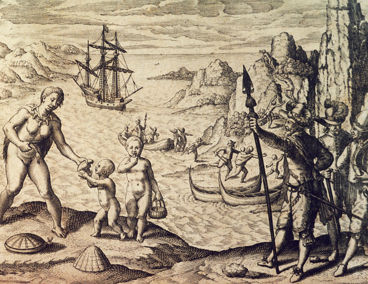 荷兰船长Sebalt de Weert在圭亚那海岸登陆，出自Theodor de Bry（1528-1598）的《美洲历史》，法兰克福。 作者 西奥多·德布瑞