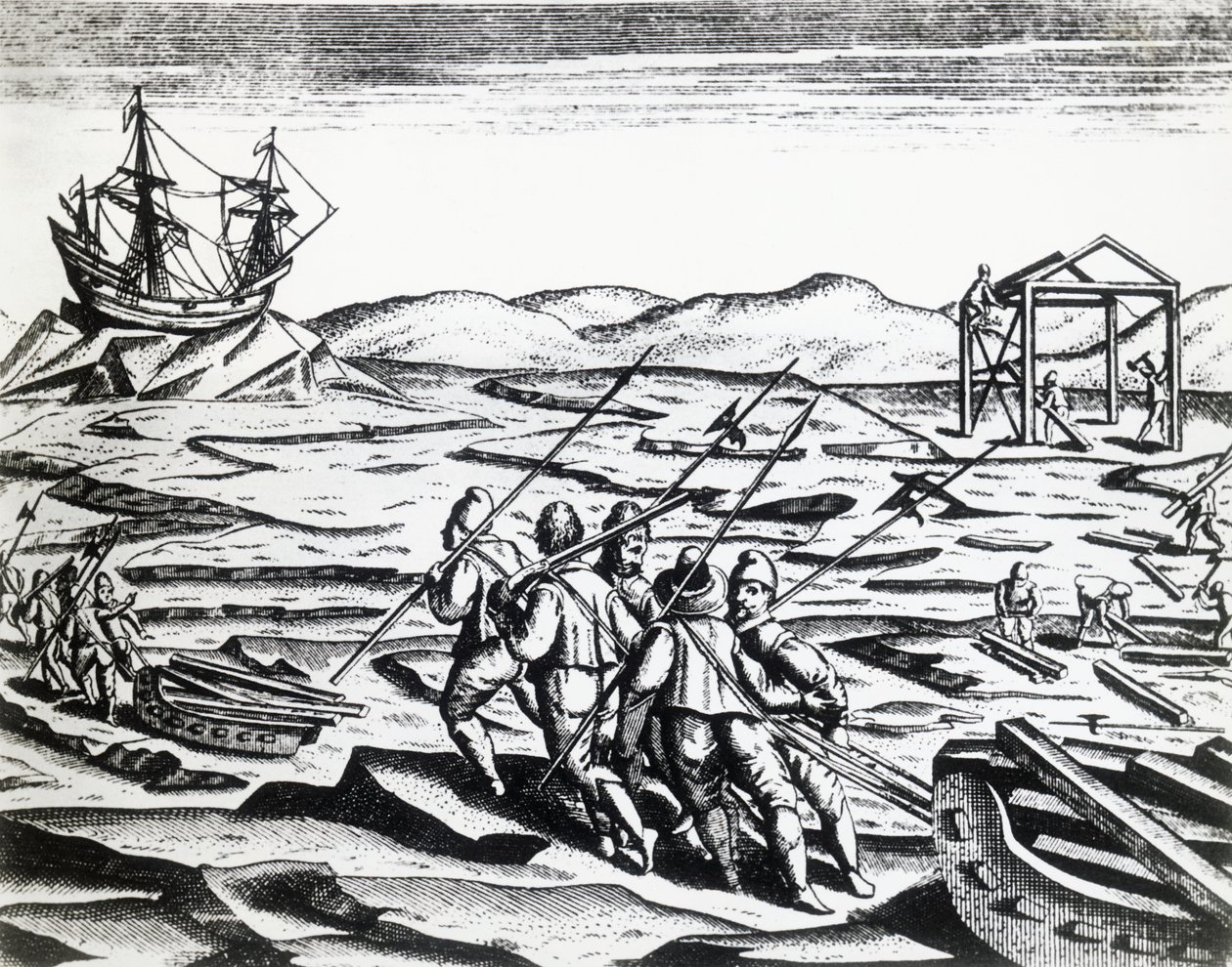 威廉-巴伦支（约1550-1597年）率领的寻找东北通道的探险队，出自Theodor de Bry（1528-1598年）的Peregrinationes，雕版画。 作者 西奥多·德布瑞