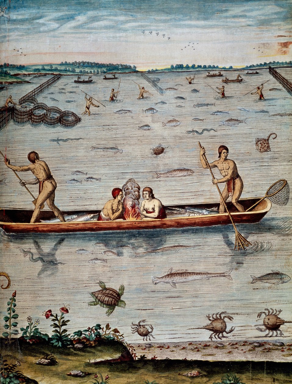 弗吉尼亚州当地人的捕鱼技术，西奥多-德-布莱（1528-1598）的雕刻，来自Admiranda narratio trust tamen, commodis et de incolarvm ritibvs Virginae。 作者 西奥多·德布瑞