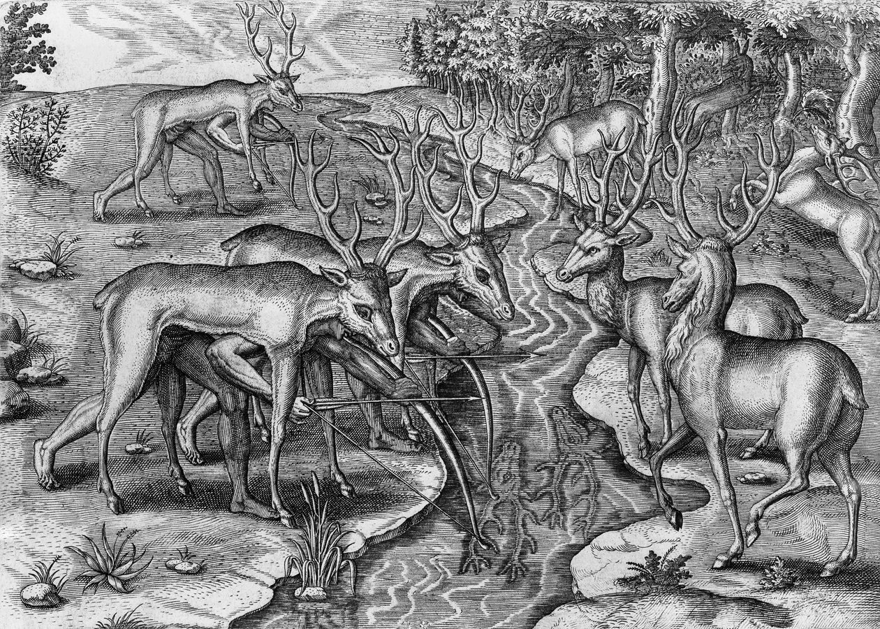 佛罗里达州印第安人狩猎，伪装成鹿，美国，Theodor de Bry（1528-1598）的雕刻作品，出自Indorum Floridam provinciam inhabitantium eicones，Jacques Le Moyne de Morgues（1533-1588）的作品，法兰克福。 作者 西奥多·德布瑞