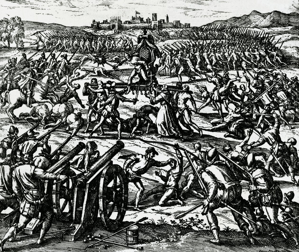 11月16日，弗朗西斯科-皮萨罗（约1475-1541年）的部队在卡哈马尔卡战役中俘获印加皇帝阿塔瓦尔帕。 作者 西奥多·德布瑞