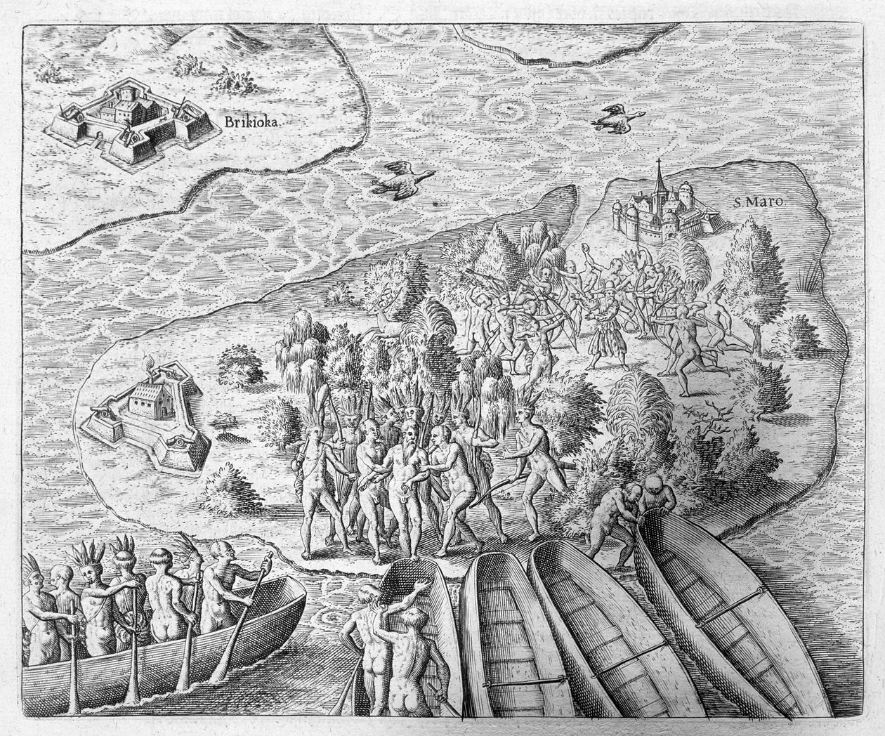 汉斯·斯塔登在1552年前往巴西航行期间被约翰·路德维希·戈特弗里德的“Newe Welt und Americanische Historien”捕获，由1631年法兰克福的Mattaeus Merian出版（Eng 作者 西奥多·德布瑞