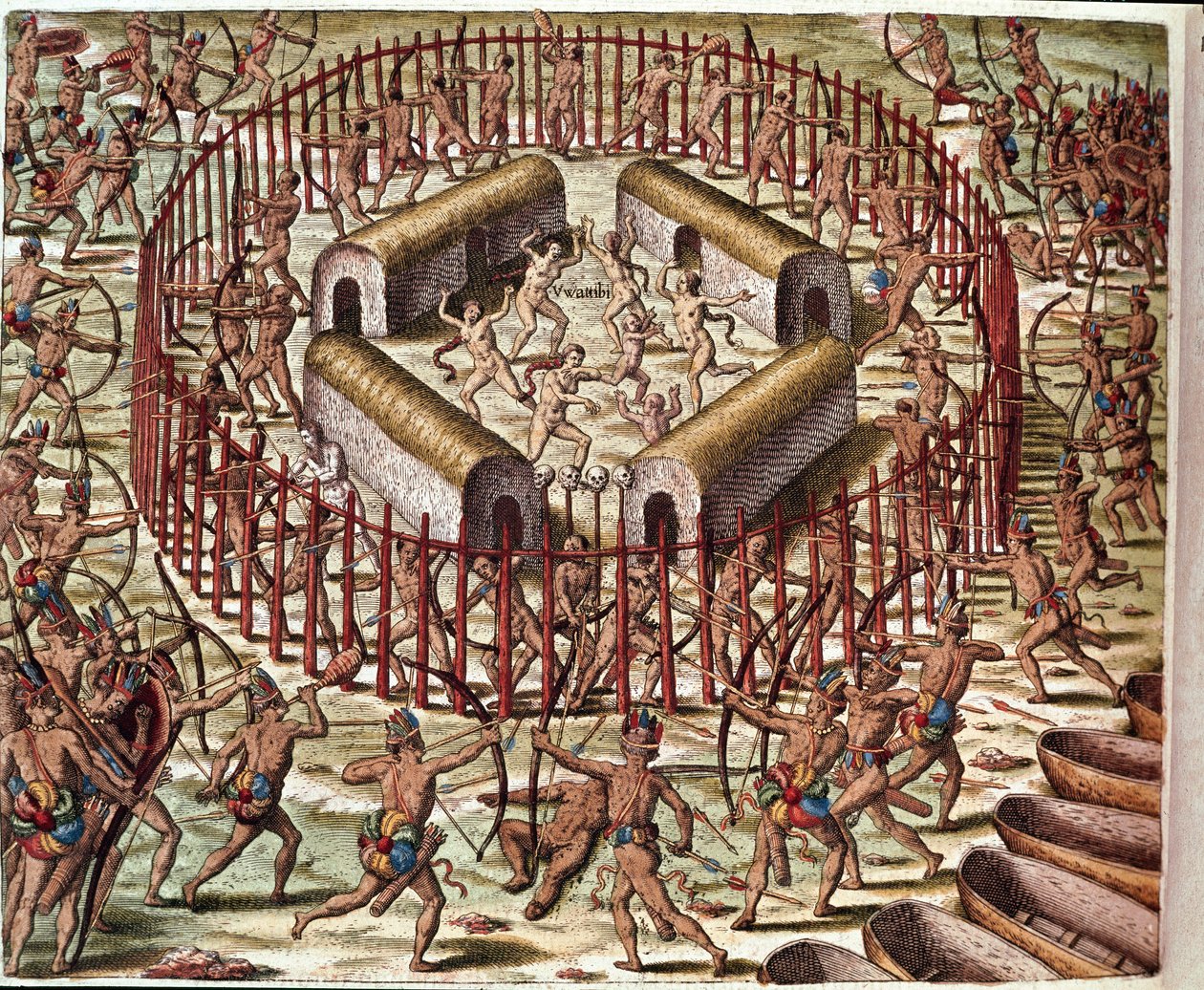 美国历史："弗吉尼亚的一个印第安人村庄"，来自西奥多-德-布莱（1528-1598）的 "Admirante Narratio Americae "的雕刻。 作者 西奥多·德布瑞