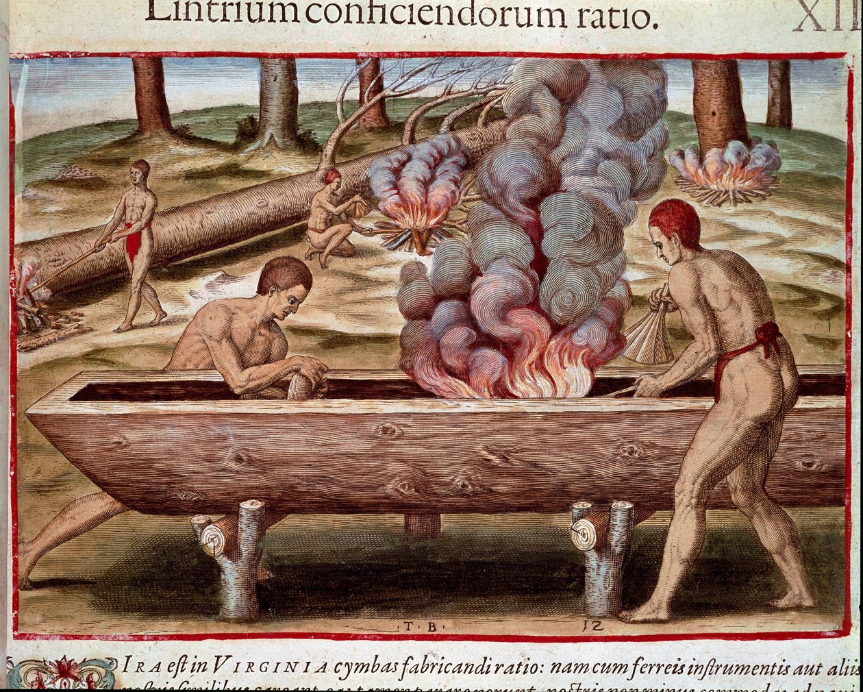 美洲历史："印第安人造船"，来自西奥多-德-布莱（1528-1598）的 "Admirante Narratio Americae "版画。 作者 西奥多·德布瑞
