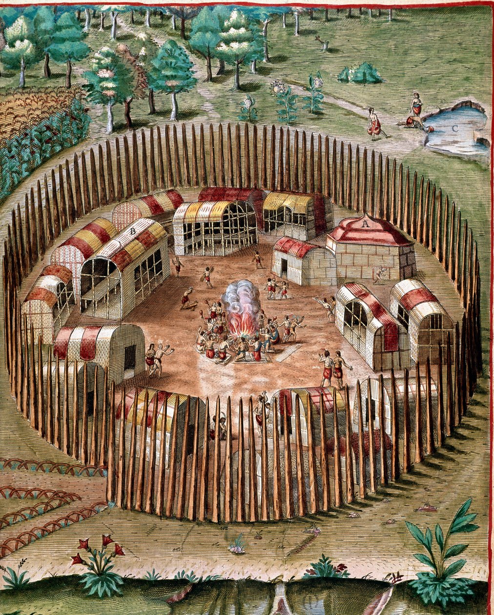 美洲历史："1585年弗吉尼亚州波米奥克（Pomeiock）或波米奥克（Pomeiooc）防御城市的代表"，来自西奥多-德-布莱（1528-1598）"Admirante Narratio Americae "的版画。 作者 西奥多·德布瑞