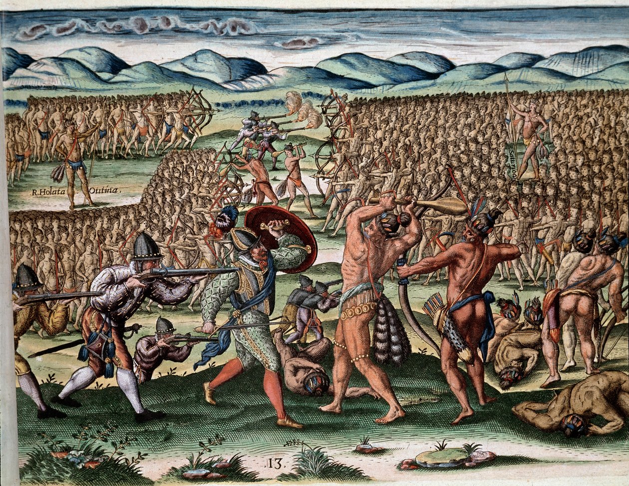 美洲历史："Outina（或Olata Utina）酋长的士兵使用让-里博特（或里博特）远征队的法语与Potanou的敌方部落作战"，这幅画出自西奥多的《Admirante Narratio Americae》（美洲历史）。 作者 西奥多·德布瑞