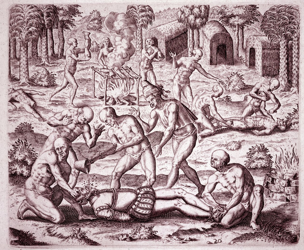 美洲历史：描述了印第安人对西班牙定居者施加的酷刑，将黄金倒入他们的嘴里，并切割他们的肢体来吃（雕刻 作者 西奥多·德布瑞