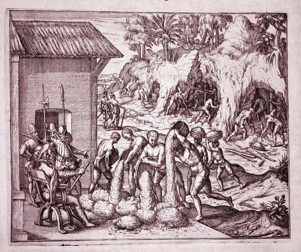 美国历史：西班牙人开采金矿（雕刻版 作者 西奥多·德布瑞