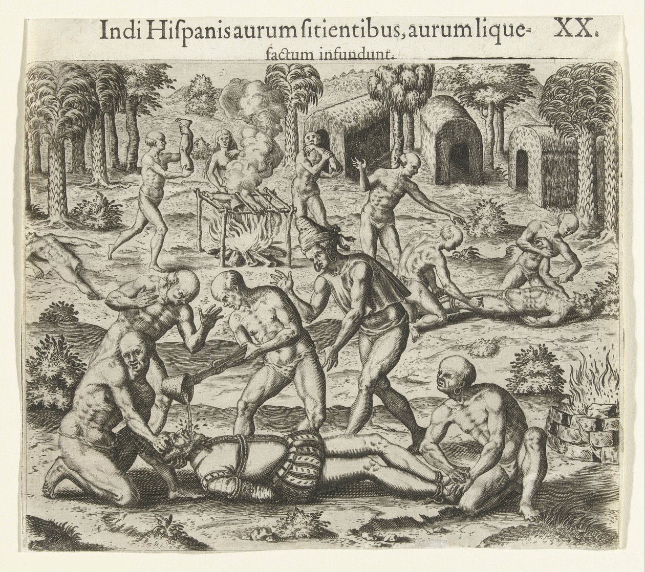 1594年，印第安人将液态黄金倒入西班牙人的嘴里。 作者 西奥多·德布瑞