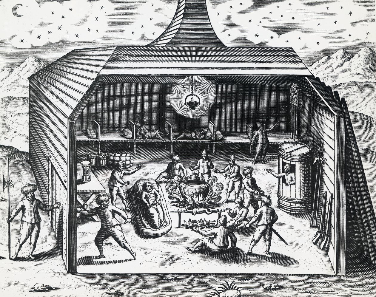 威廉-巴伦支（约1550-1597年）在俄罗斯新泽姆利亚群岛的冬季住宅内部，由西奥多-德-布莱（1528-1598年）绘制，版画 作者 西奥多·德布瑞