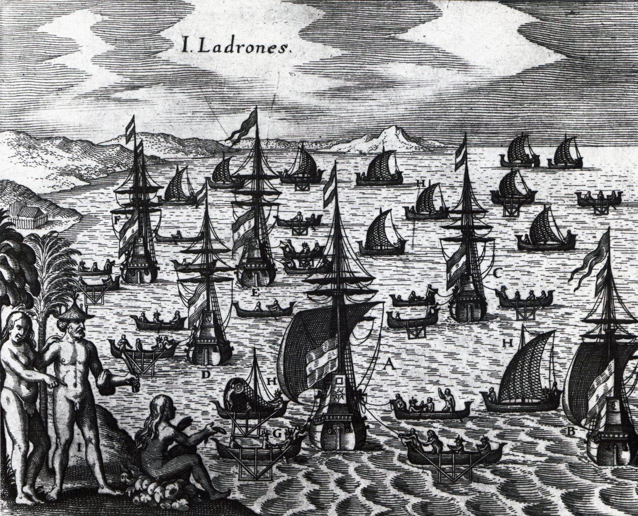 盗贼之岛（Islas de los Ladrones，今天的马里亚纳群岛），雕刻自Peregrinationes，作者Theodor de Bry（1528-1598）。16世纪 作者 西奥多·德布瑞