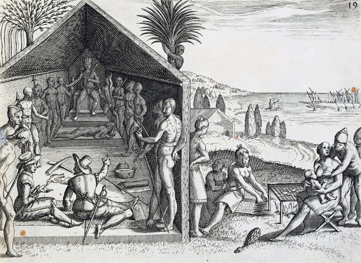 国王接待欧洲游客，加蓬洛佩斯角，雕刻自Theodor de Bry（1528-1598）的India orientalis，非洲。 作者 西奥多·德布瑞