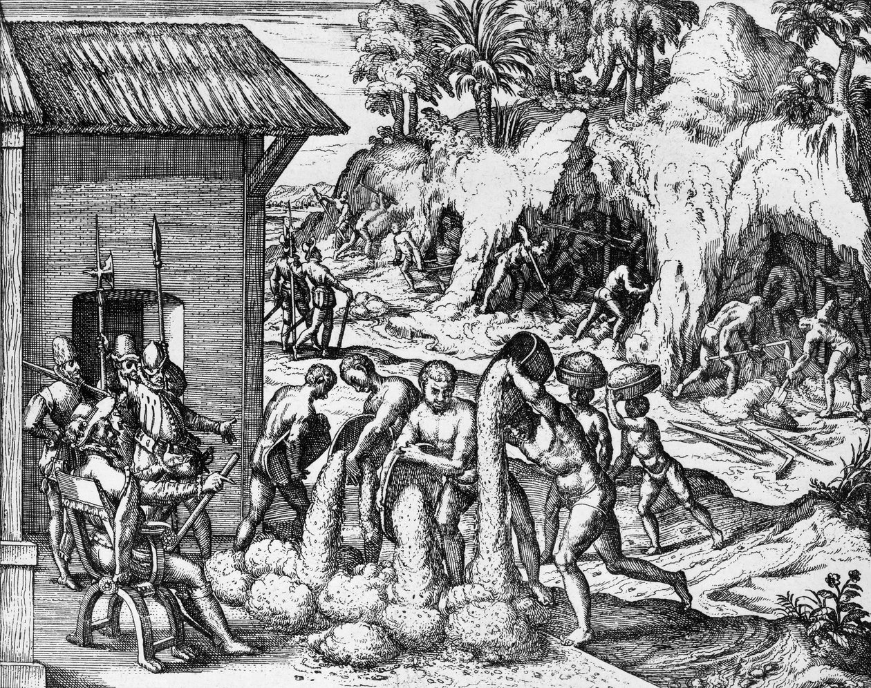 在中美洲和南美洲开采矿物，雕刻自Americae pars V，作者Theodor de Bry（1561-1623）。 作者 西奥多·德布瑞