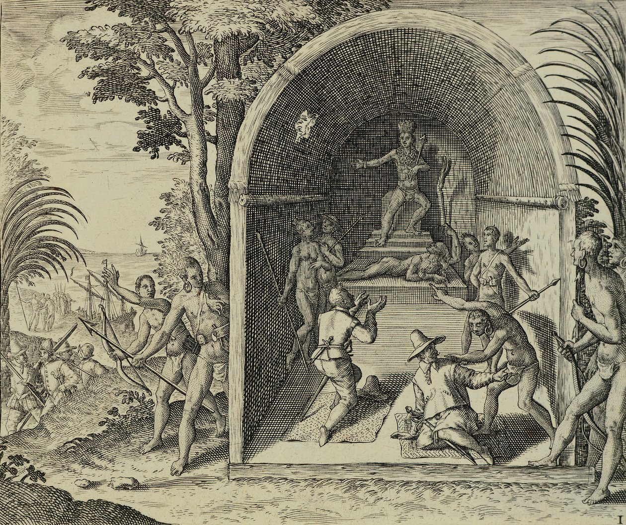 葡萄牙航海家抵达埃塞俄比亚，插图来自Antonio Pigafetta的Indiae Orientalis，作者：Theodore de Bry 作者 西奥多·德布瑞