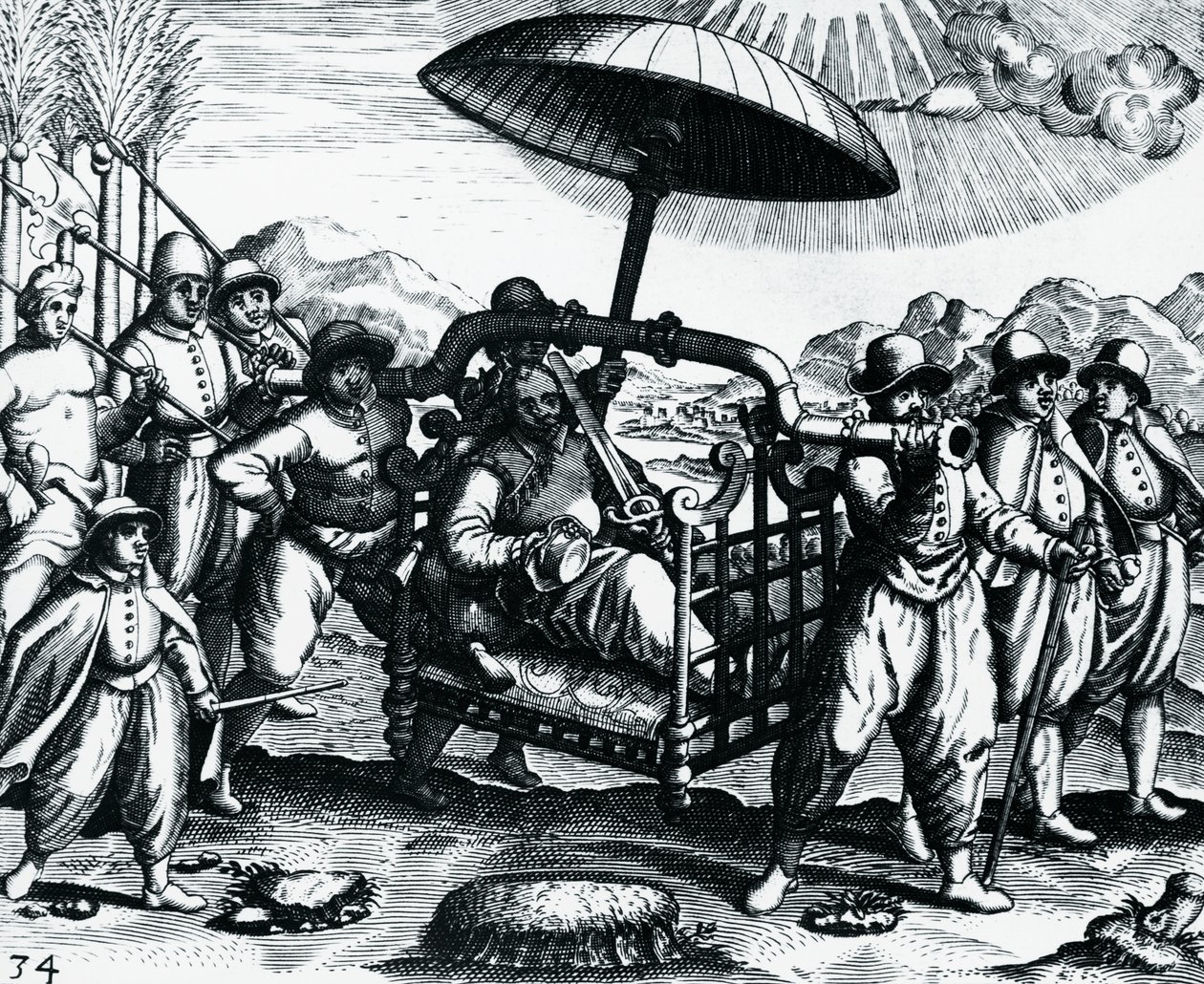 葡萄牙人在印度，被运送到轿子上，雕刻自Peregrinationes，由Theodor de Bry（1528-1598）创作，印度 作者 西奥多·德布瑞