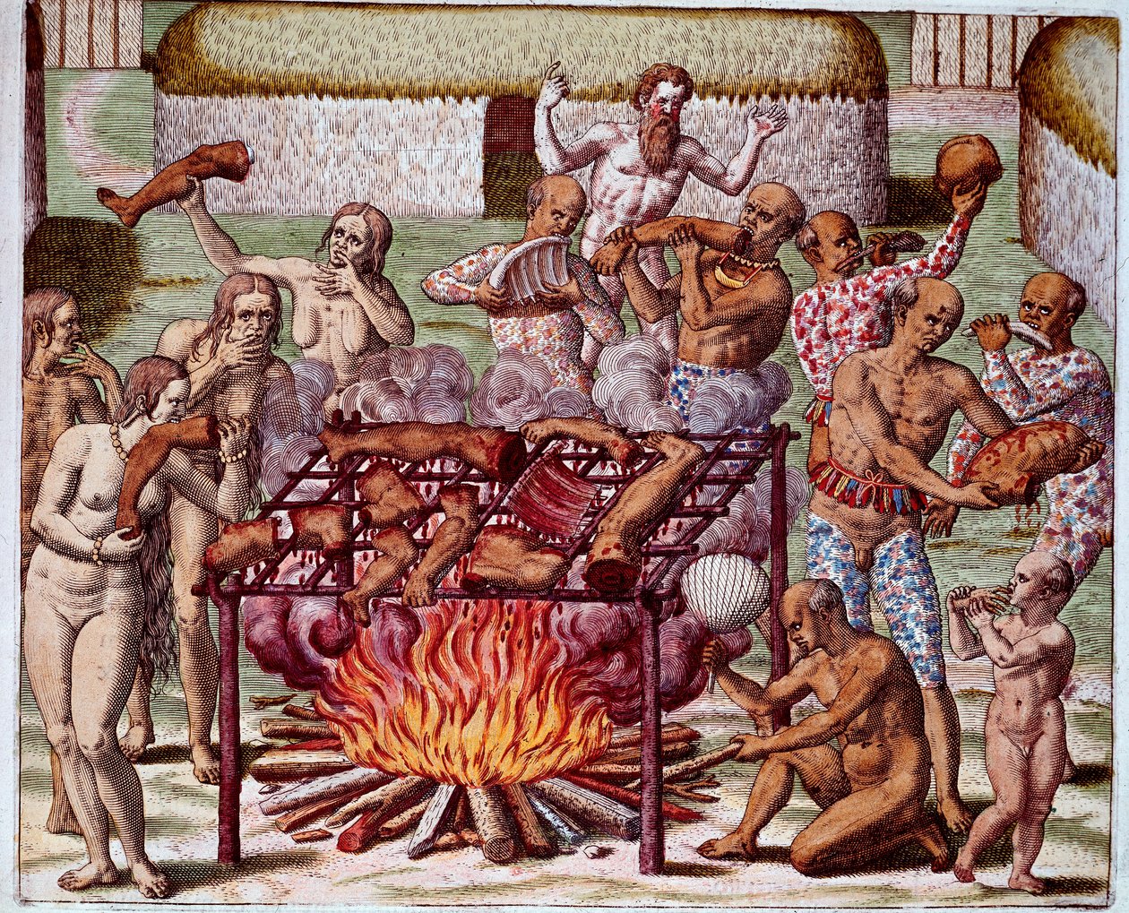 巴西的食人场景 印第安人吞噬他们的敌人和囚犯。西奥多-德-布莱（1528-1598）的 "Admirante Narratio Americae "中的版画。 作者 西奥多·德布瑞