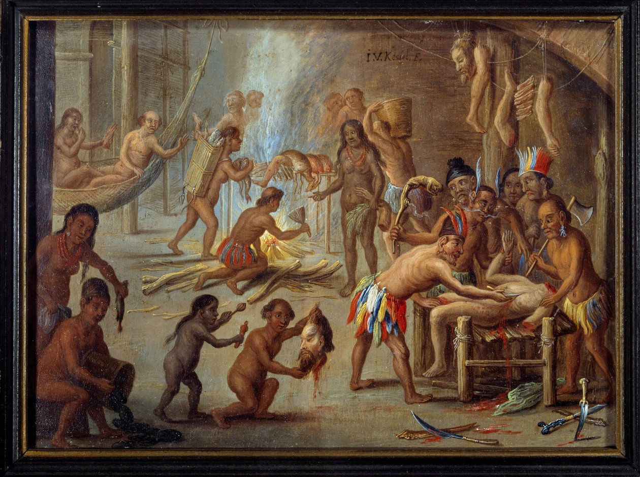 1644 年巴西的食人场景 印第安人吞噬了他们的敌人和囚犯。 Jan van Kessel dit le vieux (1626-1679) (ec.flam.) 的绘画，描绘了西奥多·德·布赖 (Theodore de Bry) 到巴西的旅程。 太阳。 0,18x0,24 m 拉罗谢尔，博物馆 d 作者 西奥多·德布瑞