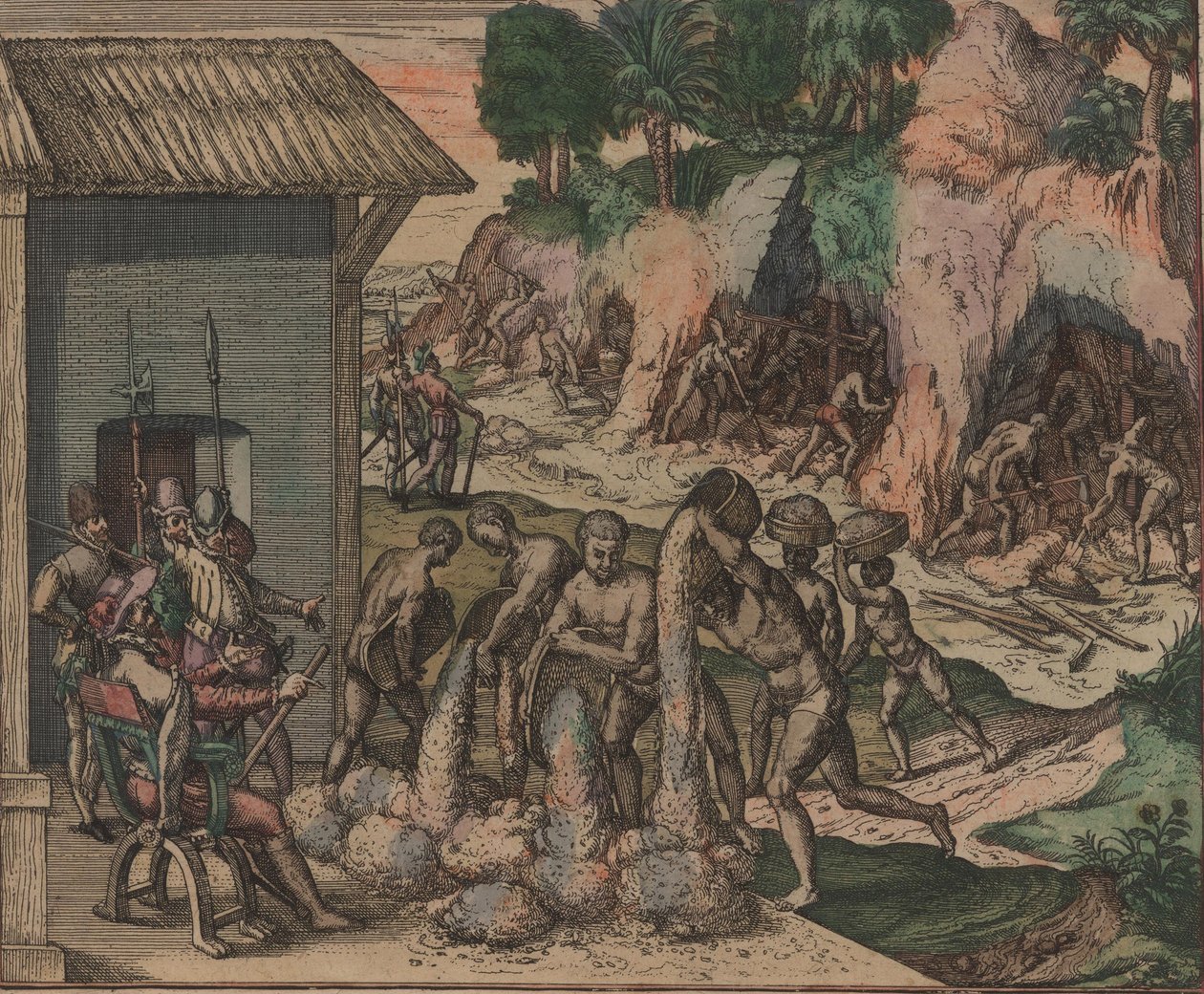 奴隶在欧洲士兵面前倒矿石。在后台，奴隶在地雷工作，1595年。 作者 西奥多·德布瑞