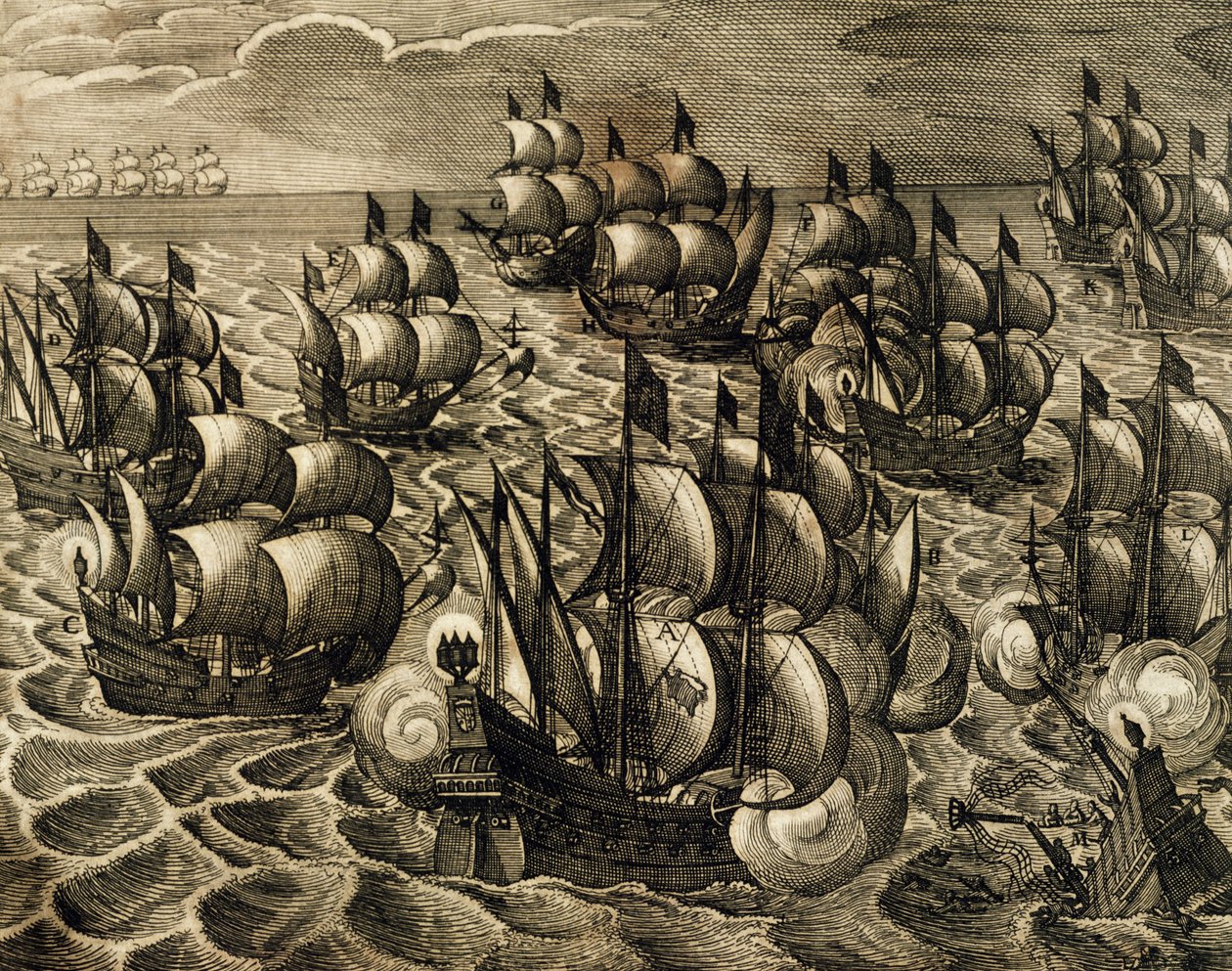 罗德里戈-门多萨指挥的西班牙舰队，西奥多-德-布莱（1528-1598）的雕刻作品，取自西班牙西奥多-德-布莱的《美洲史》，1602年。 作者 西奥多·德布瑞