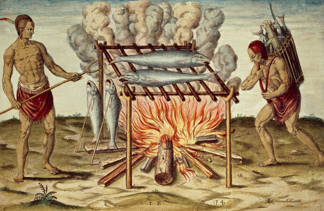 泰诺族人煮鱼，西奥多-德-布莱（1528-1598）根据约翰-怀特的画作绘制的彩色版画，选自《弗吉尼亚新发现土地的简要和真实报告》。 作者 西奥多·德布瑞