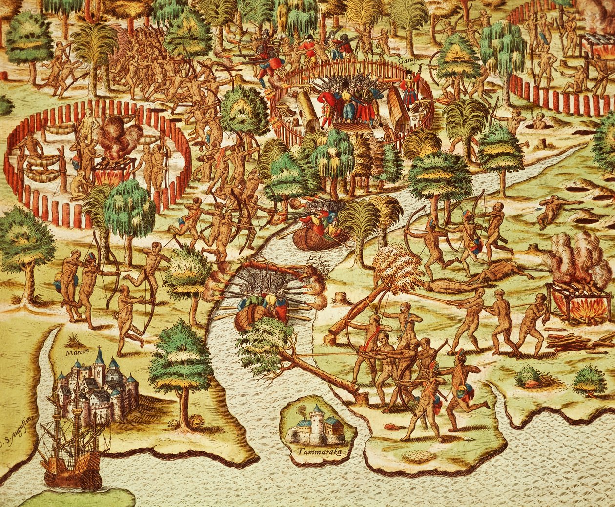 围攻和攻击的技术，Theodor de Bry（1528-1598）的雕刻，来自Americae tertia pars。 作者 西奥多·德布瑞