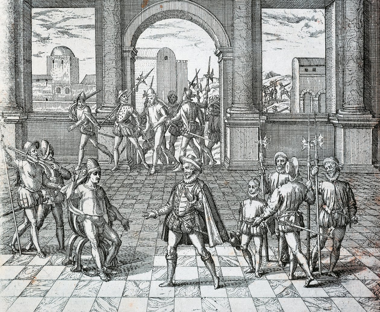印加国王Atahualpa在Cajamarca被西班牙人俘虏，《美国历史上的幻觉》，Theodore de Bry著 作者 西奥多·德布瑞