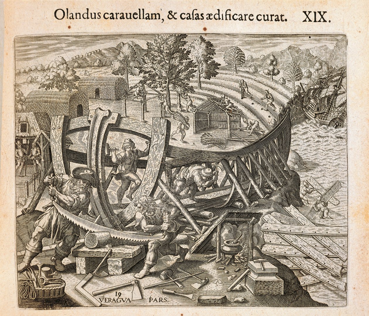 西班牙人在新大陆建造他们的第一艘船，西奥多-德-布莱（1528-1598）的雕刻作品，出自Americae pars quarta, sive, Insignis et admiranda historia de reperta primum Occidentali India Christophoro Columbo, by Girolamo Benzoni 作者 西奥多·德布瑞