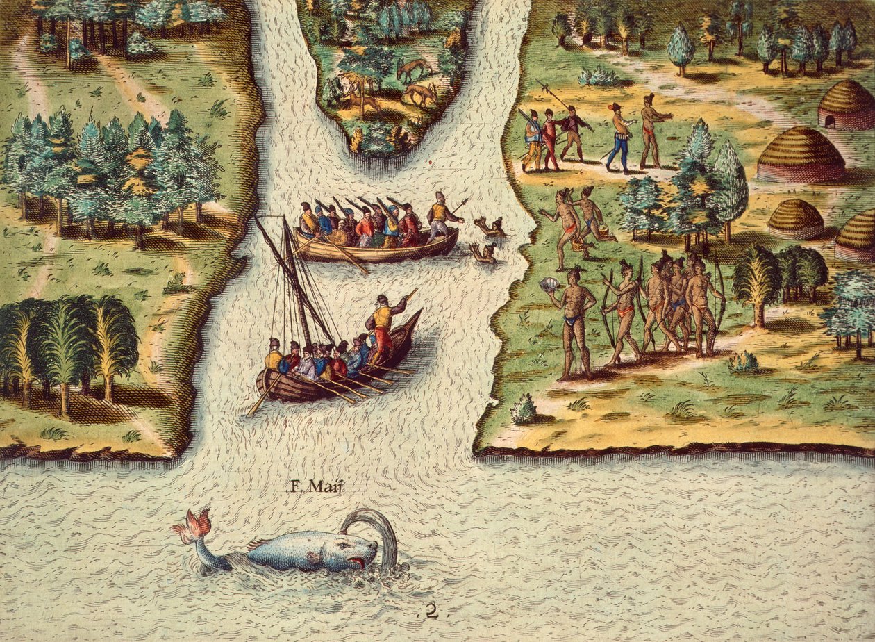 法国人的到来，西奥多-德-布莱（1528-1598）的雕刻作品，出自《佛罗里达的论述》。 作者 西奥多·德布瑞