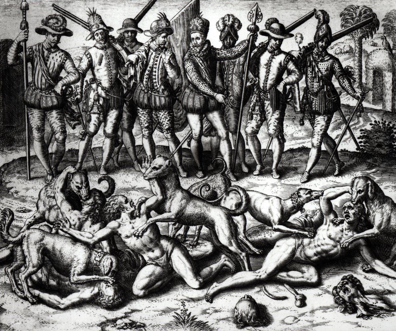 Vasco Nunez de Balboa（1475-1571）的狗攻击印第安人 作者 西奥多·德布瑞