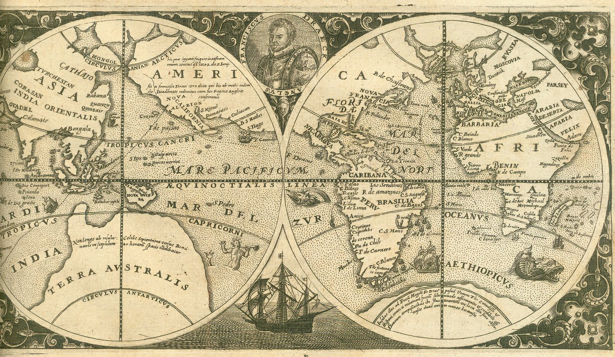 Americae Pars VIII的首页，上面有弗朗西斯·德雷克（Francis Drake）和他的船“金色后腿”的画像，1 作者 西奥多·德布瑞
