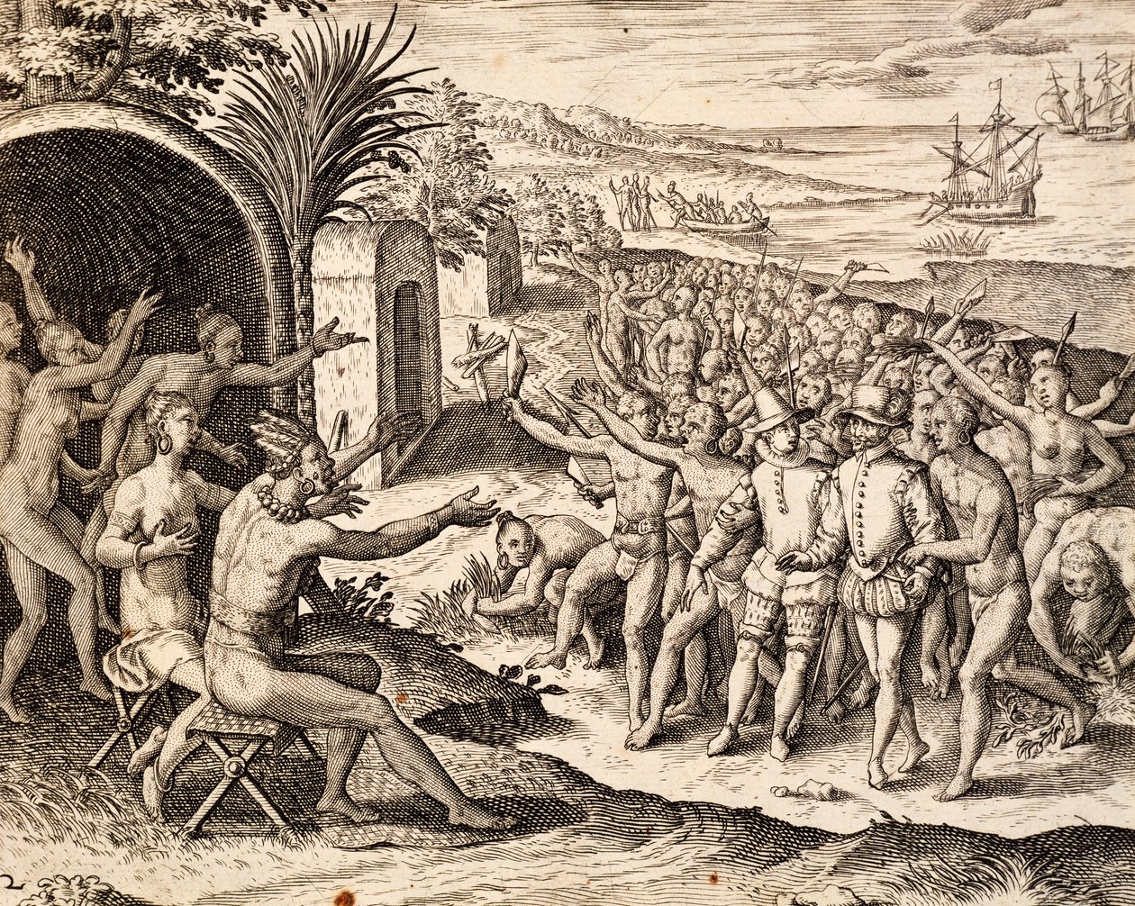 欢迎荷兰人，雕刻自Theodor de Bry（1528-1598）的作品India orientalis，印度尼西亚。 作者 西奥多·德布瑞