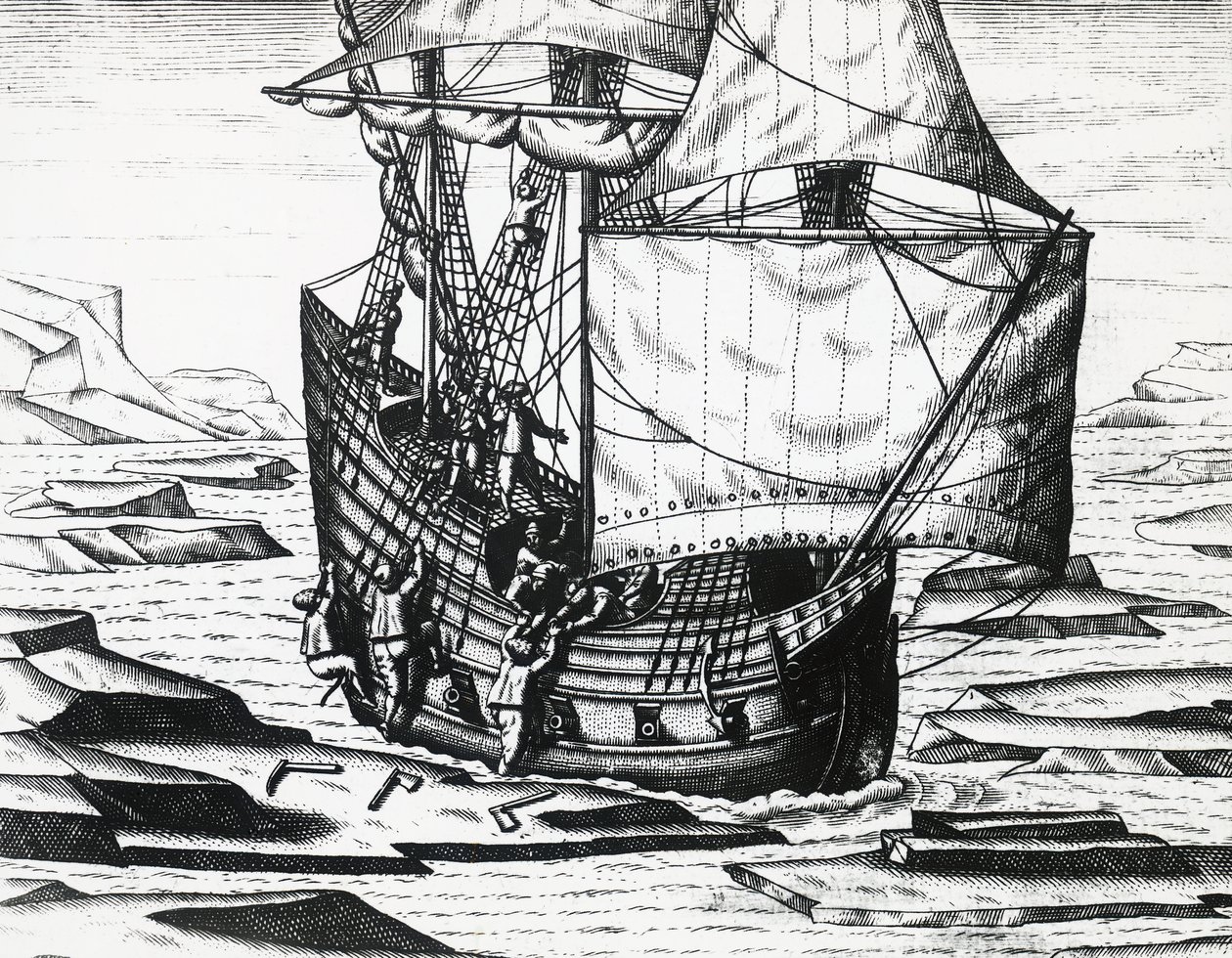 威廉-巴伦支（约1550-1597）的船在荷兰第三次寻找东北通道的探险中，由Theodor de Bry（1528-1598）雕刻。 作者 西奥多·德布瑞