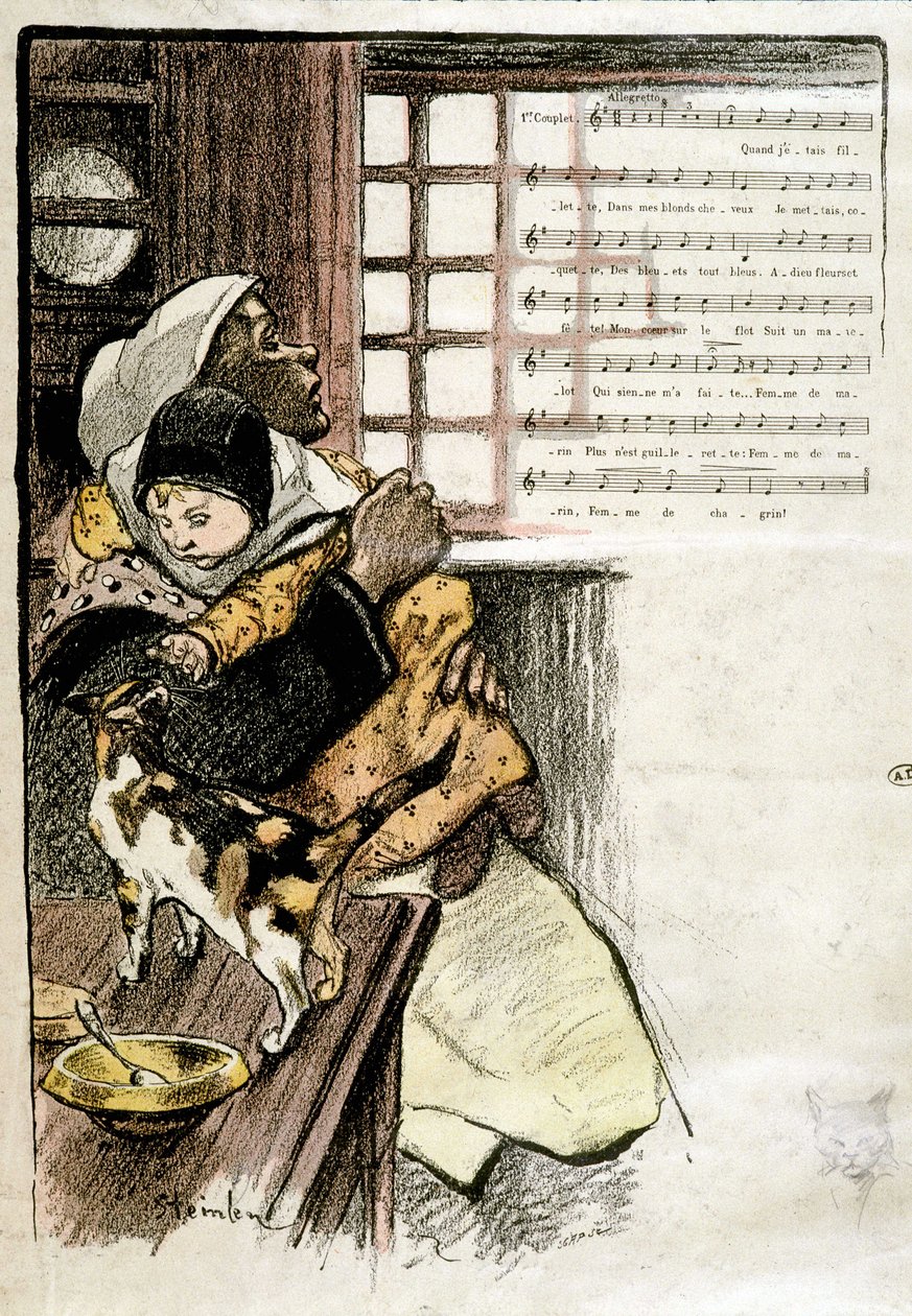 Child in the arms of a woman playing with a cat, ill. Steinlen for sheet music, s.d. 19e s. 作者 西奥菲勒·亚历山大·斯坦伦